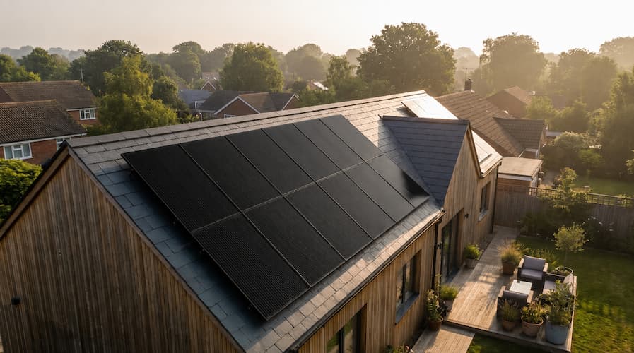 Photovoltaik-Anlage auf einem Einfamilienhaus mit blauem Himmel